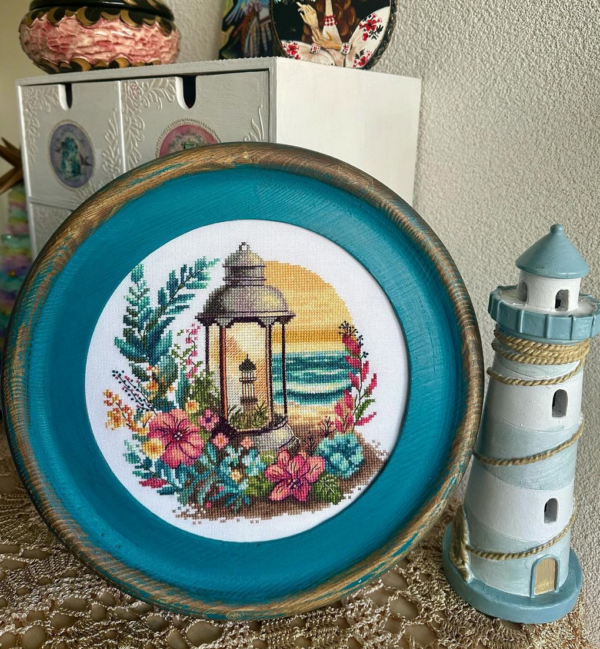 Lantern Cross Stitch Pattern PDF – Floral Tropical Summer Embroidery, Marine Landscape Needlepoint Chart, Instant Download