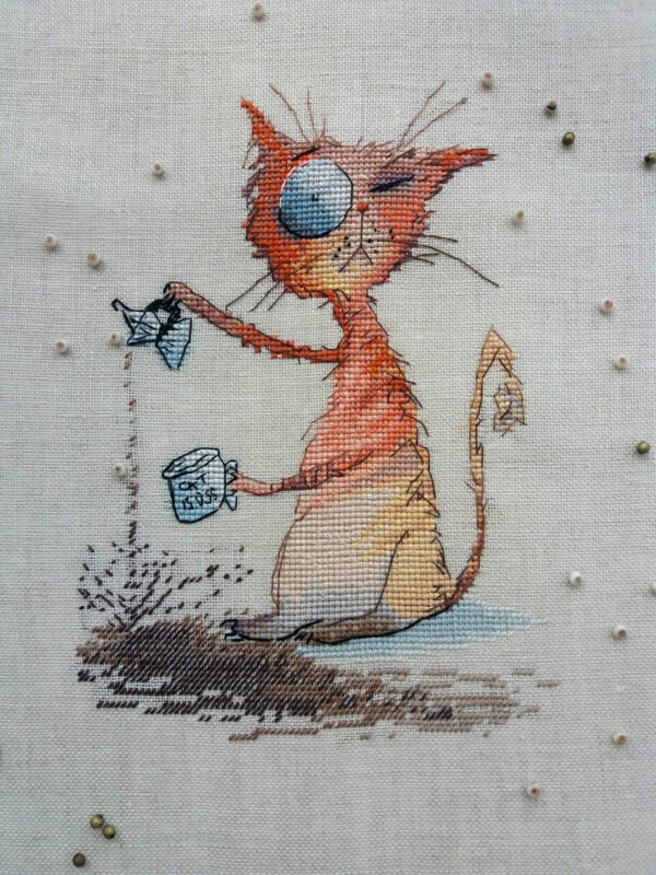 Monday Cat with Coffee Cross Stitch Pattern  Ginger Feline Pet Embroidery (PDF Download)