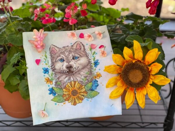 Zhanna Storoshchuk Husky Dog Cross Stitch Pattern PDF – Floral Animal Embroidery, Blue Yellow Needlepoint Chart, Instant Download