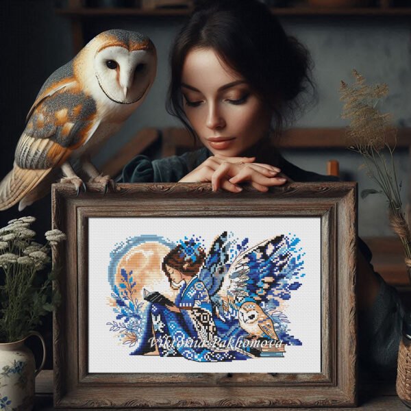 Barn owl and fairy girl cross stitch — magical bookworm embroidery design