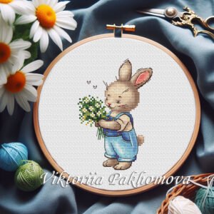 Spring Bunny Boy cross stitch pattern im embroidery hoop