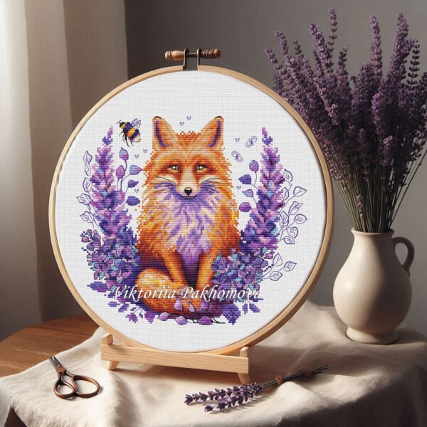 big embroidery hoop 6 Fox in lavender cross stitch pattern with purple flowers