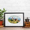 blank-frame-flower-pot-grinder Framed Tuscany countryside cross stitch artwork with hills and Italian houses, warm summer embroidery