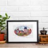 Colorful Trier city cross stitch artwork displayed with vintage decor, European architecture embroidery