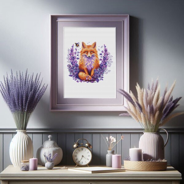 _cb9f857e-498b-4263-a452-a66dba88ad6d Fox in lavender cross stitch design displayed in mock up frame