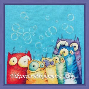 Cross stitch embroidery of seven colorful rainbow cats with big expressive eyes on a bright background, displayed in a wooden frame