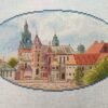 Krakow city cross stitch artwork with historic European buildings, vibrant architecture embroidery