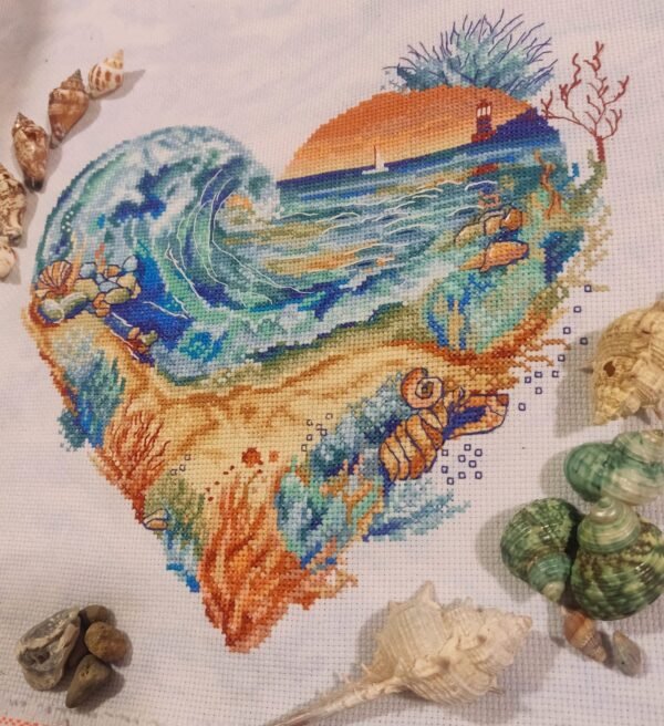 nautical heart embroidery with beach view and sunset