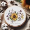 Sunflower and cotton cross stitch pattern in embroidery hoop with colorful floral details