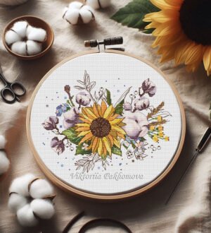 Sunflower and cotton cross stitch pattern in embroidery hoop with colorful floral details