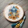 lantern cross stitch pattern with blue and yellow flowers