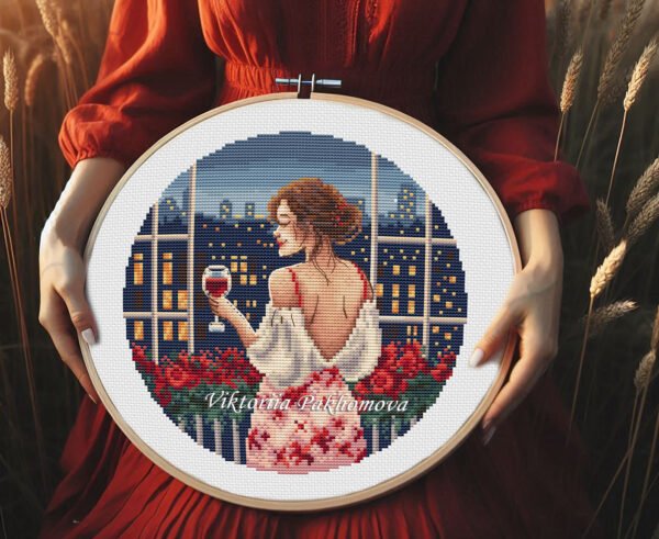 female hands holding5 Calm evening balcony scene cross stitch — woman and city landscape design