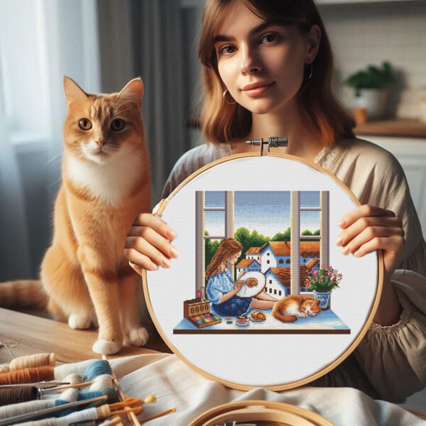 female holding big e Finished embroidery of girl with hoop and sleeping cat — summer town window scene