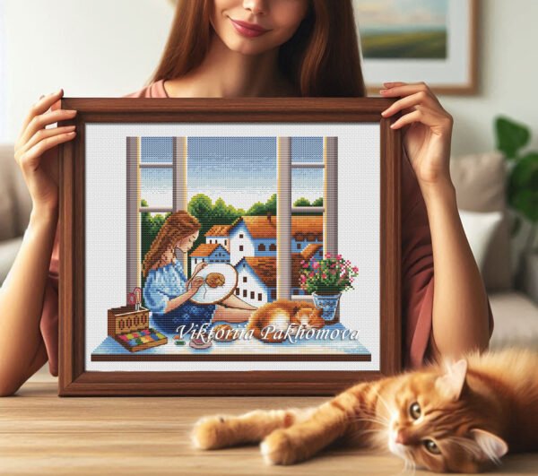 female holding big f Finished embroidery of girl with hoop and sleeping cat — summer town window scene