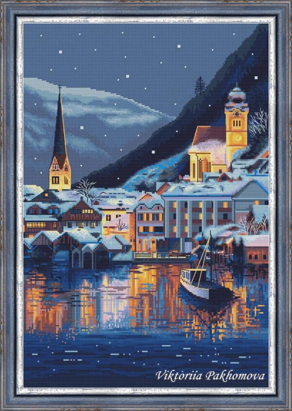 Hallstatt Austria winter village cross stitch pattern