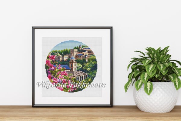Spain city view embroidery framed