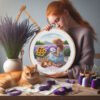 Girl stitching embroidery in lavender field cross stitch pattern — peaceful nature design