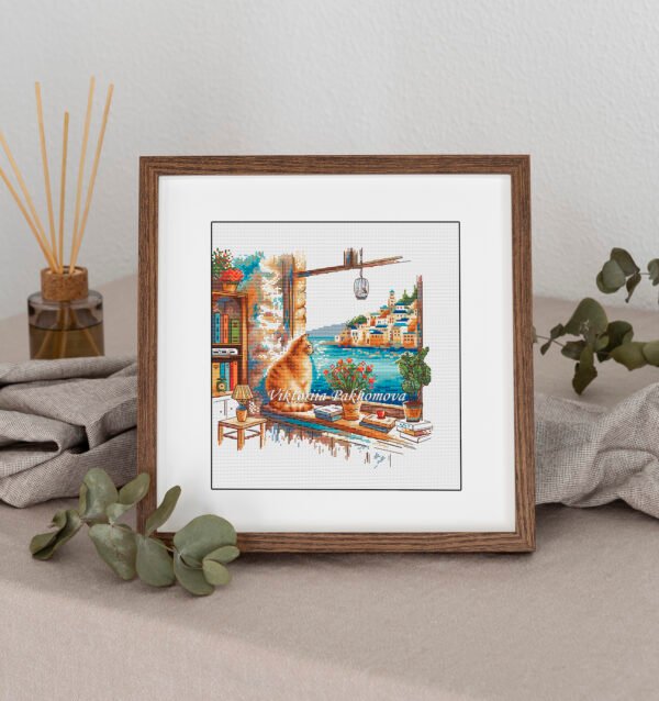 high-angle-wooden-frame-plants Greek Summer Cat Cross Stitch Pattern Ginger Feline & Seaside Window View Embroidery (PDF Download)