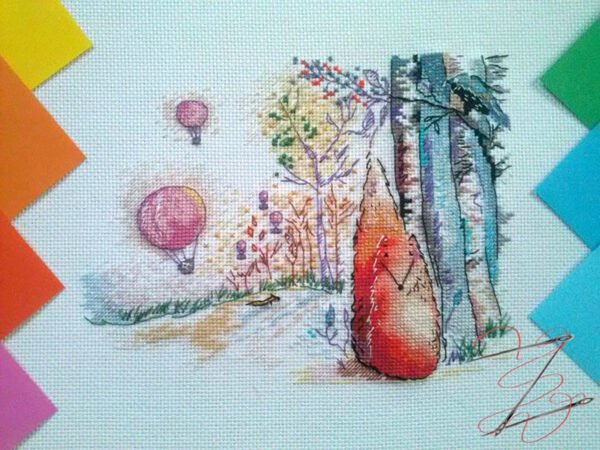 fox and raven embroidery with bright trees and balloons
