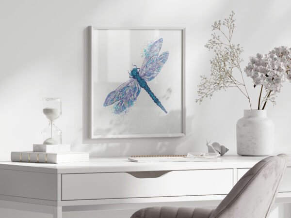 Cornflower dragonfly cross stitch design interior framed