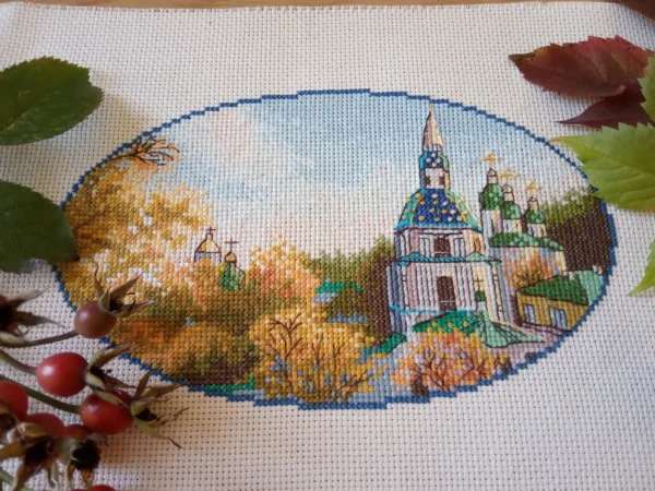 Kyiv Cross Stitch Pattern – Vydubytskyi Monastery Autumn Landscape, Colorful Ukraine City Embroidery, PDF Digital Download