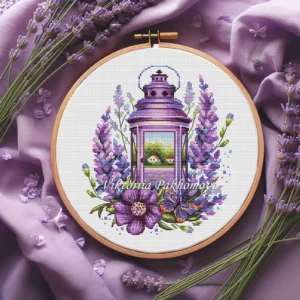 lavender lantern cross stitch pattern with purple flowers