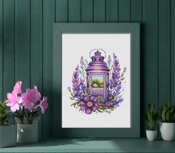 lavender lantern cross stitch embroidery framed