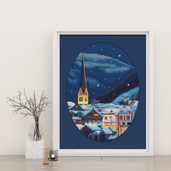 Hallstatt Austria Cross Stitch Pattern PDF – Snowy Mountain European Landscape, Winter Village Embroidery, Digital Download Chart