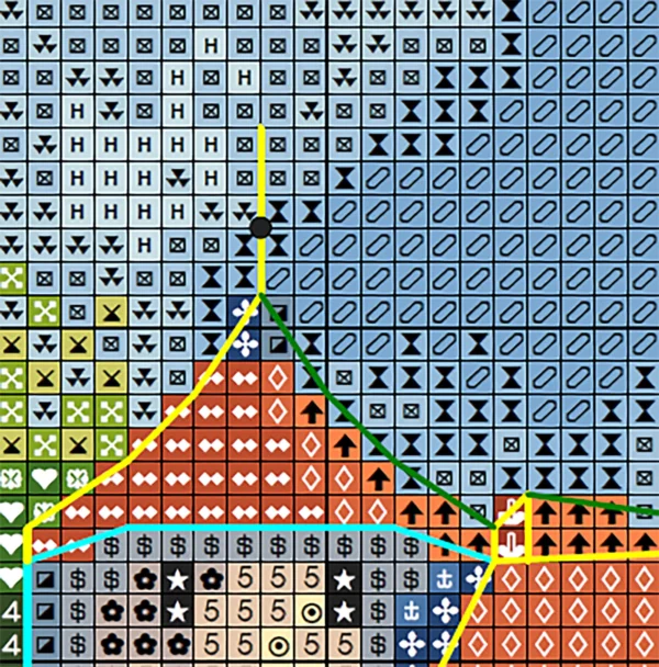 Langenburg Castle cross stitch chart PDF preview with clear symbols and DMC color key