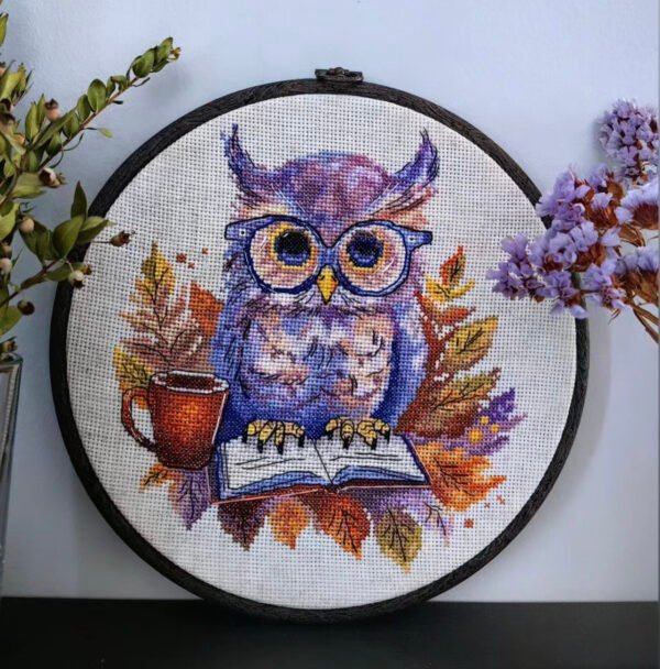 image2(8) Finished embroidery of a purple owl sitting on a book with a cup of coffee and autumn leaves