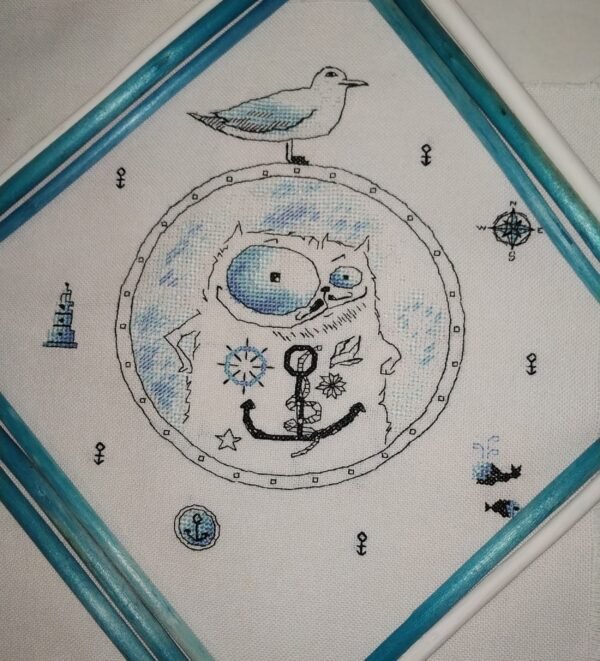 cat sailor cross stitch embroidery in artistic frame