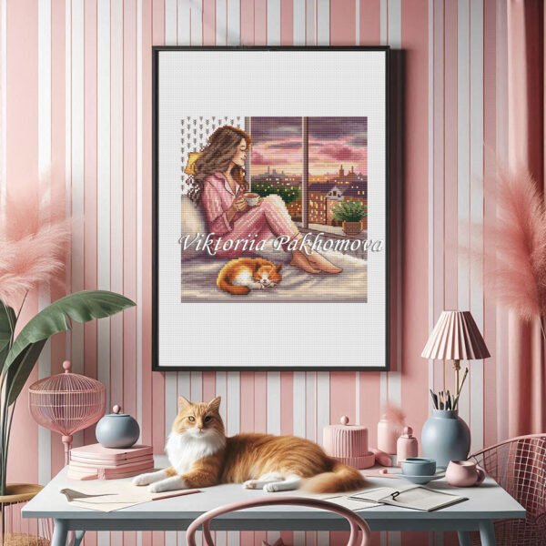 Finished embroidery of girl drinking tea by window — cozy evening city scene