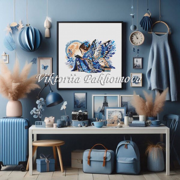 Barn owl and fairy girl cross stitch — magical bookworm embroidery design