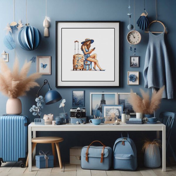 Mock up Finished embroidery of girl traveler with suitcase — travel-themed cross stitch artwork