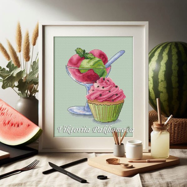 mock up frame standing on a linen table with watermelon nearby framed cute dessert embroidery with colorful ice cream and cupcake