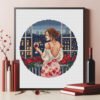mock up frame with r Finished embroidery of woman with wine overlooking night city — cross stitch artwork
