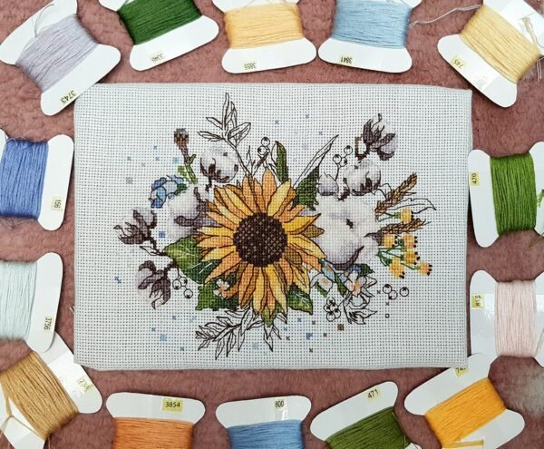 Finished embroidery of sunflower and cotton floral cross stitch artwork