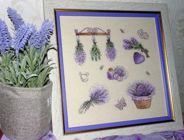 rtsPCq-Jwfo Framed mock up of lavneder sampler cross stitch pattern