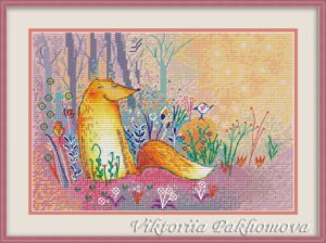summer fox cross stitch pattern with cute woodland fox and small bird