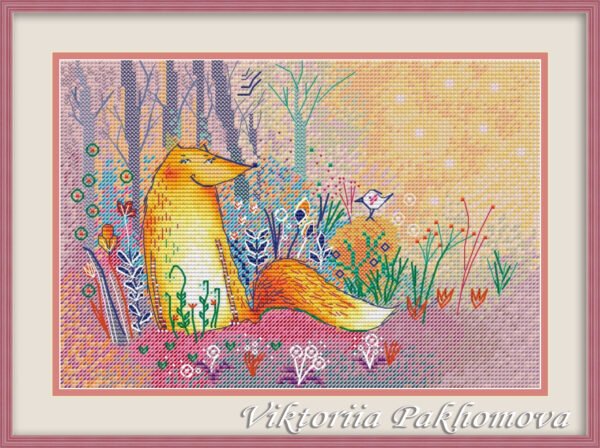 screen summer fox cross stitch pattern with cute woodland fox and small bird