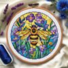 Stained glass bee cross stitch pattern, colorful digital embroidery design