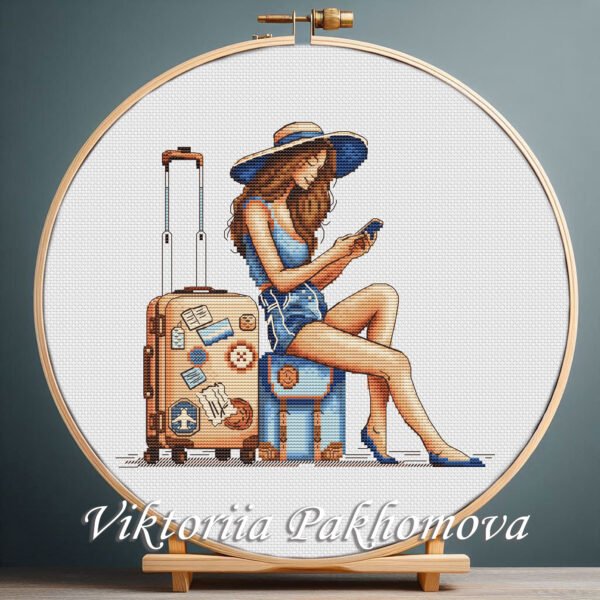 Girl traveler sitting on suitcase cross stitch pattern — modern travel design