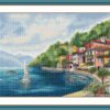Framed Lake Como Italy cross stitch pattern with colorful houses, boats, and summer landscape, Italian coastal embroidery by Viktoriia Pakhomova