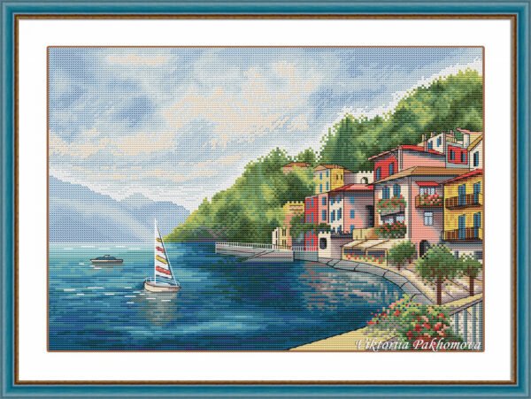 Framed Lake Como Italy cross stitch pattern with colorful houses, boats, and summer landscape, Italian coastal embroidery by Viktoriia Pakhomova