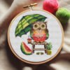 Watermelon owl cross stitch pattern with umbrella, pineapple and flip‑flops, bright summer embroidery