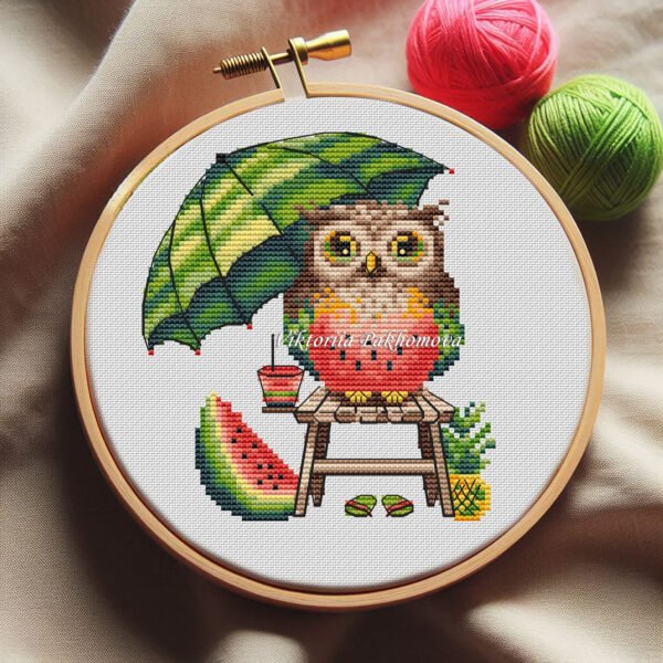 Watermelon owl cross stitch pattern with umbrella, pineapple and flip‑flops, bright summer embroidery