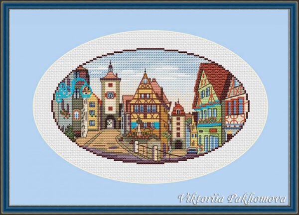 Framed Rothenburg Framed Germany cross stitch, vibrant medieval town embroidery
