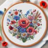 Wildflower heart cross stitch pattern with poppies and cornflowers