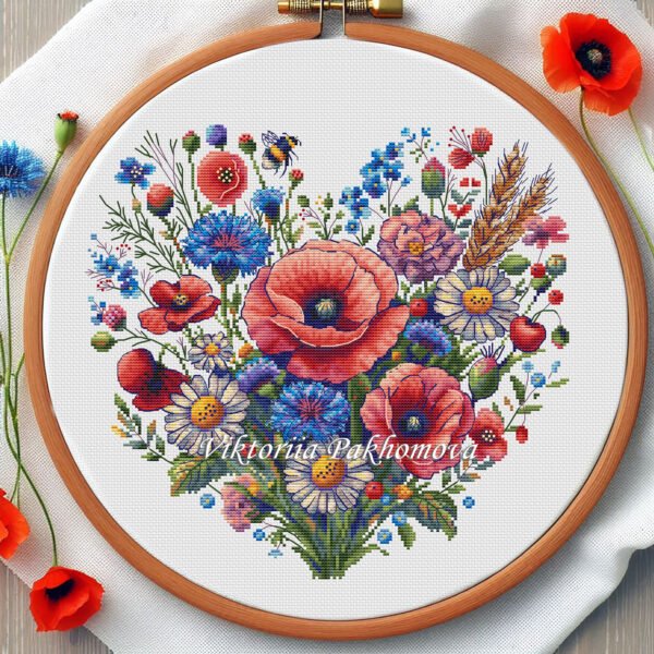 Wildflower heart cross stitch pattern with poppies and cornflowers