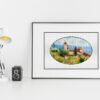 stylish-minimalistic-workplace-white-color-with-whiteboard Framed Tuscany countryside cross stitch artwork with hills and Italian houses, warm summer embroidery